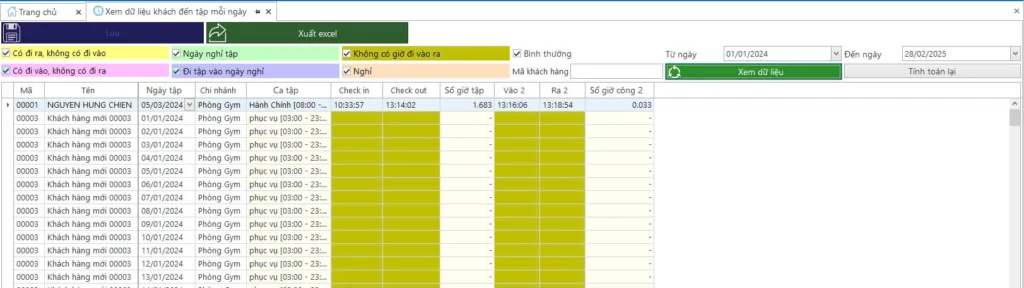 Xem dữ liệu hội viên đến tập mỗi ngày