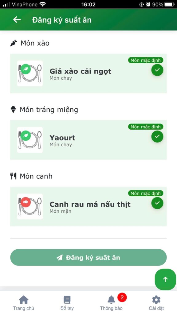 đăng kí các món ăn trong ca