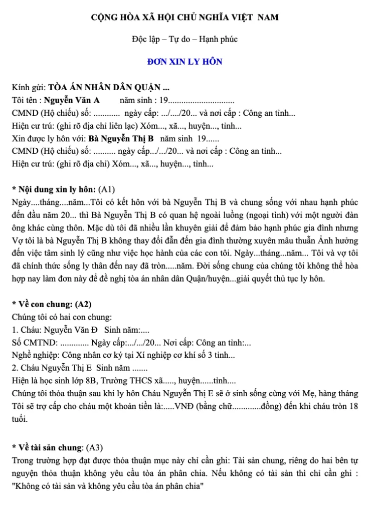 Mẫu đơn xin ly hôn