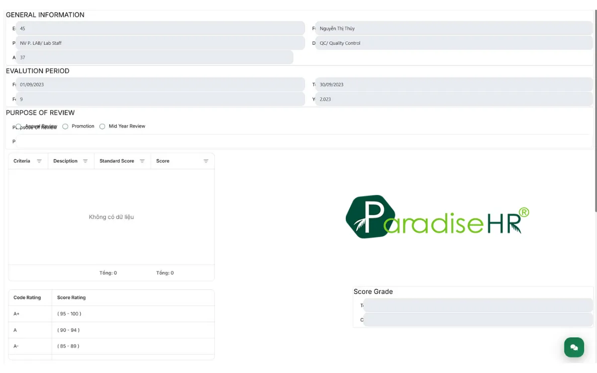 Phần mềm nhân sự ParadiseHR giúp doanh nghiệp xây dựng hệ thống KPI tự động và theo dõi, đánh giá hiệu suất làm việc của nhân viên và tổ chức