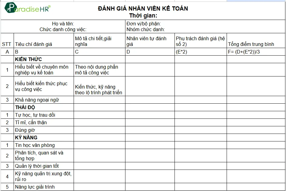 Mẫu đánh giá nhân viên bằng Excel cho kế toán
