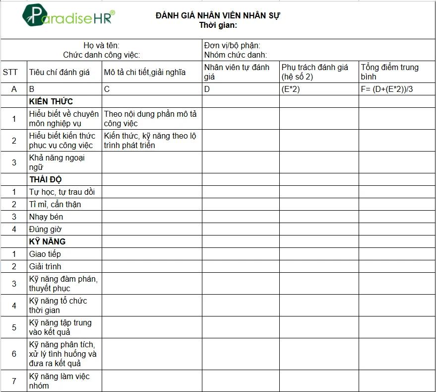 Mẫu đánh giá nhân viên bằng Excel cho HR