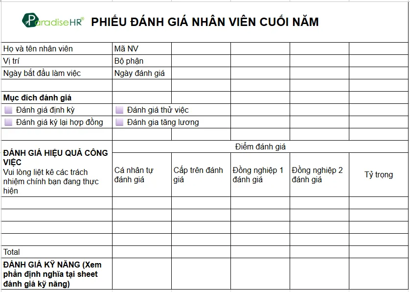 Mẫu đánh giá nhân viên bằng Excel cuối năm