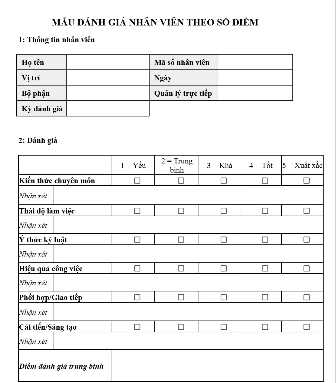 Mẫu đánh giá nhân viên bằng Excel theo số điểm