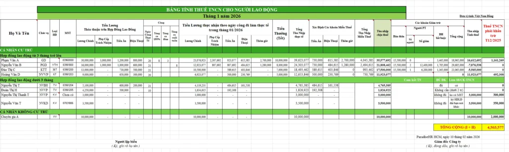mẫu bảng lương Excel tính thuế TNCN