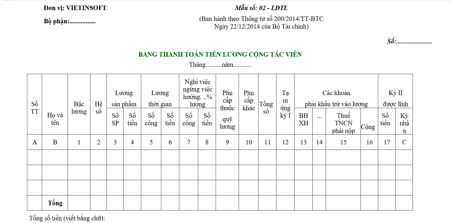 Hình ảnh mẫu bảng lương cộng tác viên