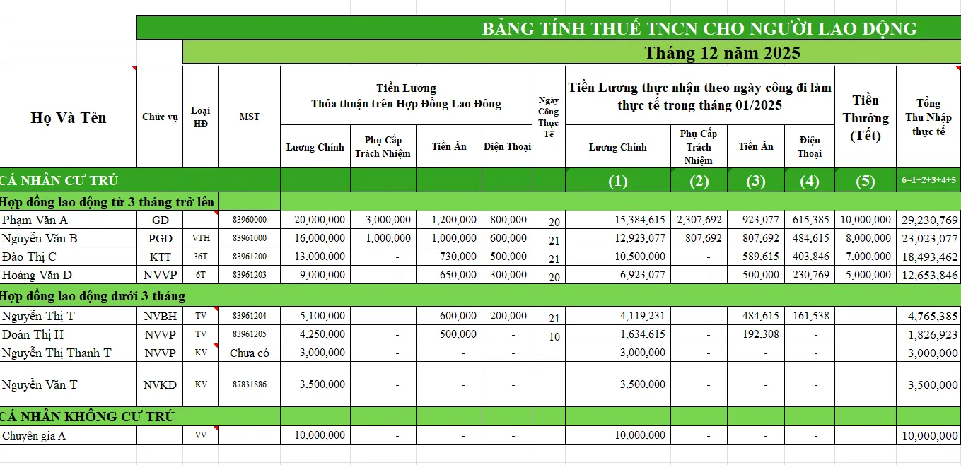 Hình ảnh Bảng lương excel tính thuế TNCN cho doanh nghiệp