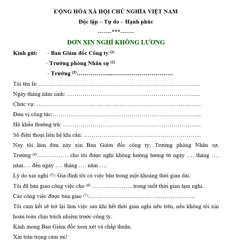 Hình ảnh mẫu đơn xin nghỉ không lương vì lý do gia đình
