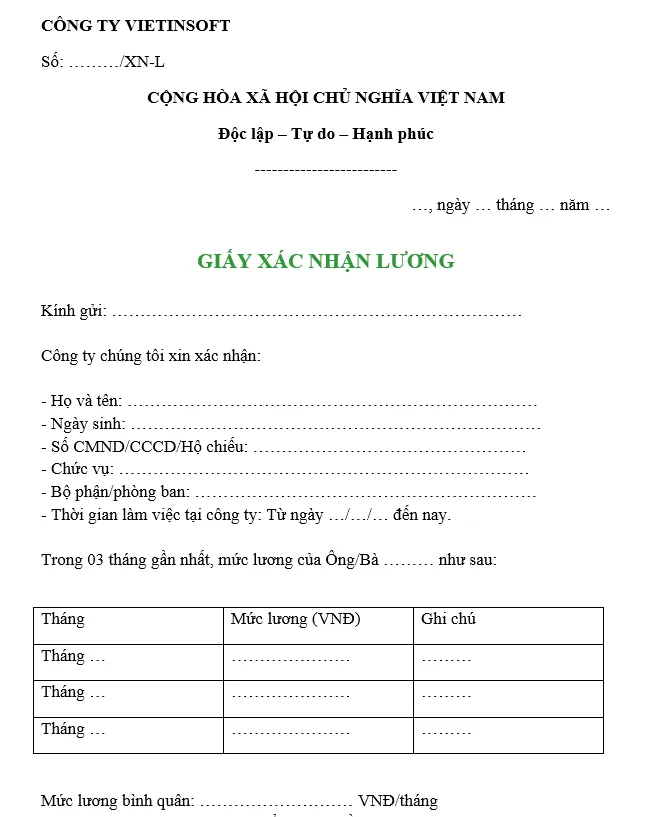 Hình ảnh mẫu xác nhận lương 3 tháng