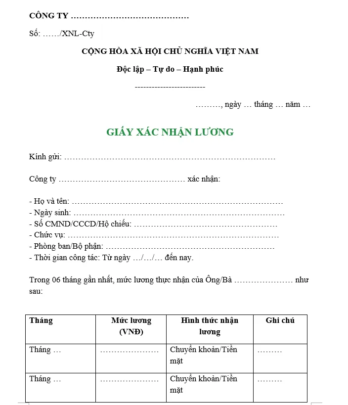Hình ảnh Mẫu xác nhận lương 6 tháng