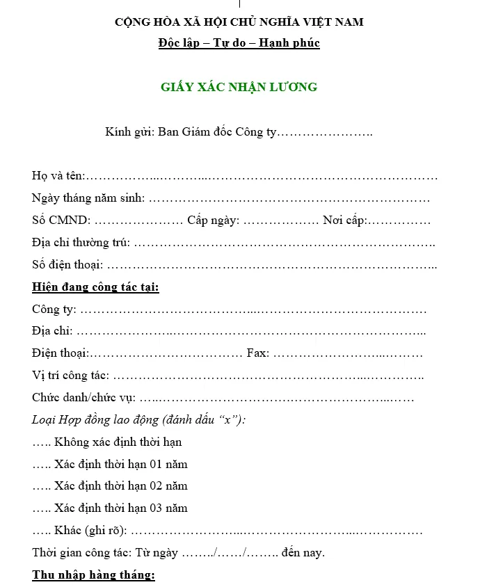 Hình ảnh Mẫu xác nhận lương hàng tháng