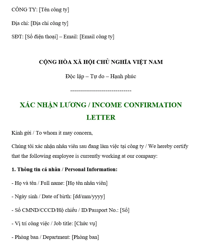 Hình ảnh mẫu xác nhận lương song ngữ ANH - VIỆT