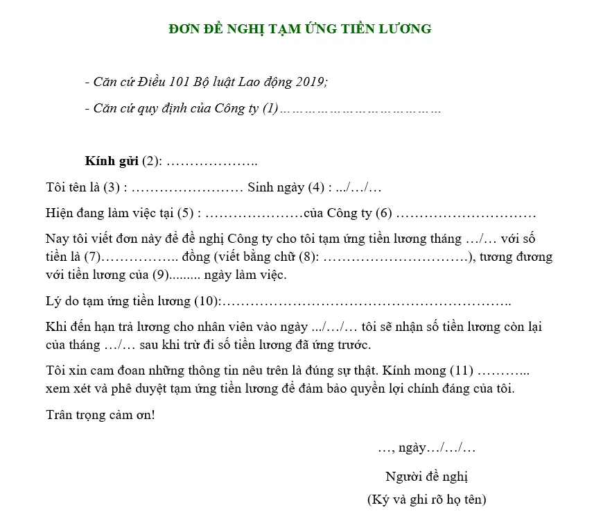 Hình ảnh đơn đề nghị tạm ứng lương