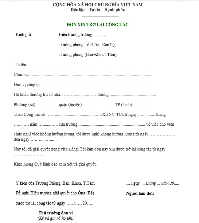 Hình ảnh mẫu đơn xin quay trở lại công tác dành cho viên chức