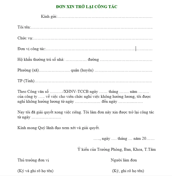 Hình ảnh mẫu đơn xin quay trở lại công tác