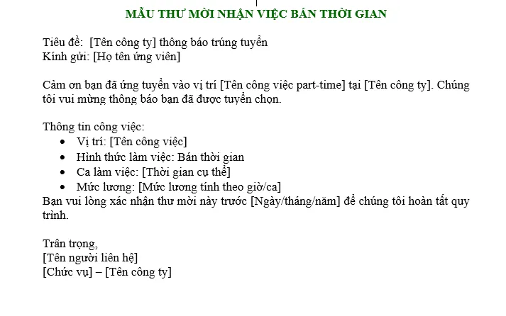 Hình ảnh mẫu thư mời nhận việc bán thời gian