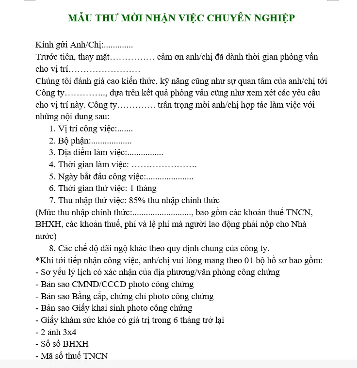 Hình ảnh mẫu thư mời nhận việc chuyên nghiệp