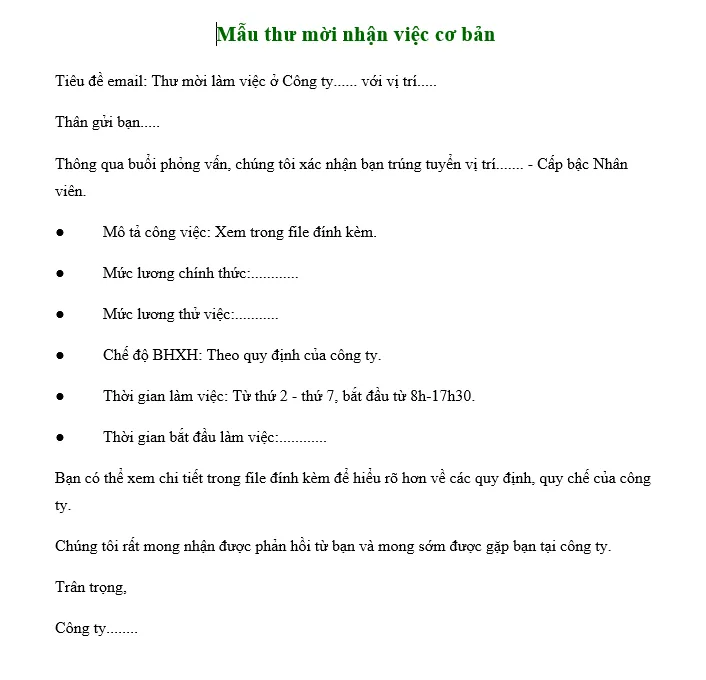 Hình ảnh mẫu thư mời nhận việc phổ biến