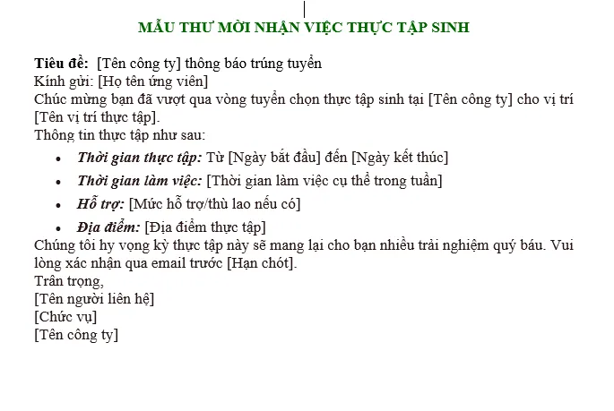 Hình ảnh mẫu thư mời nhận việc thực tập sinh