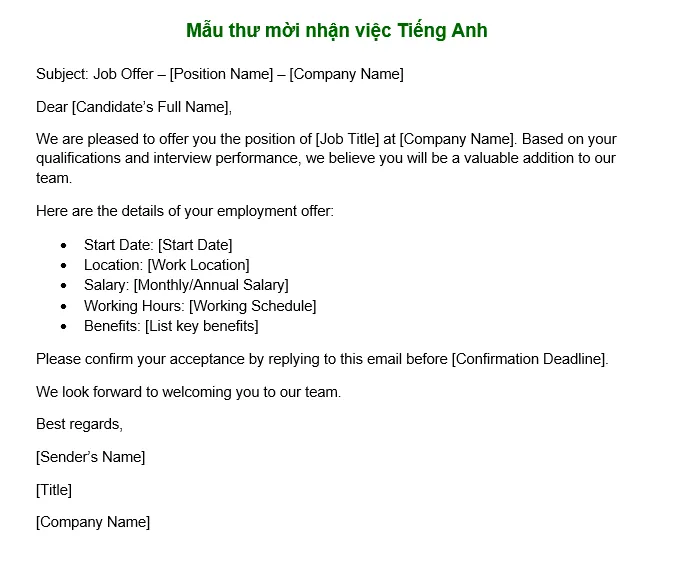 Hình ảnh mẫu thư mời nhận việc tiếng Anh cơ bản