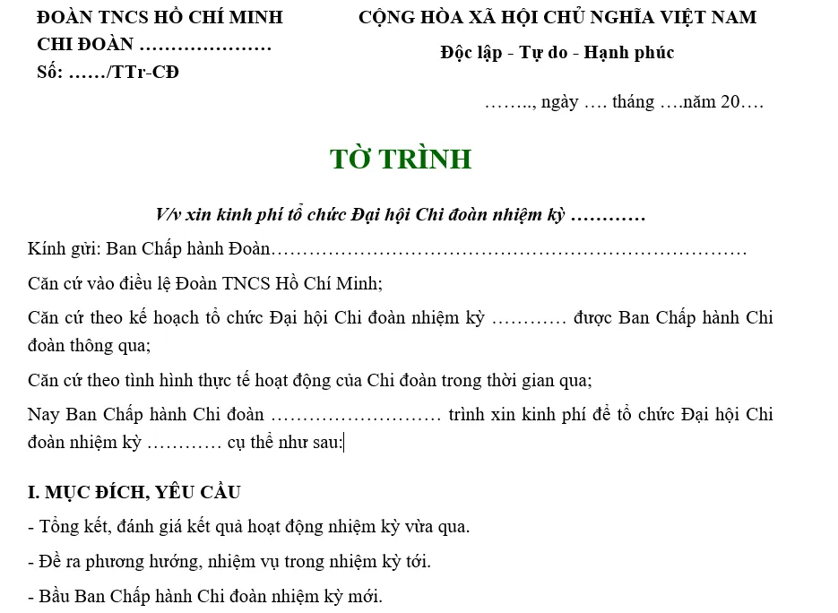 Hình ảnh mẫu tờ trình xin kinh phí hoạt động chi đoàn