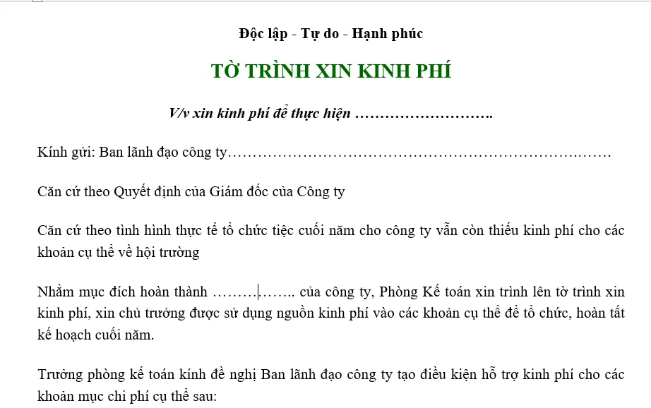 Hình ảnh mẫu tờ trình xin kinh phí hoạt động chung trong công ty