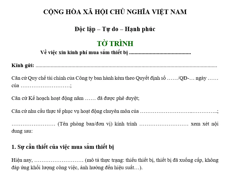 Hình ảnh mẫu tờ trình xin kinh phí mua sắm thiết bị