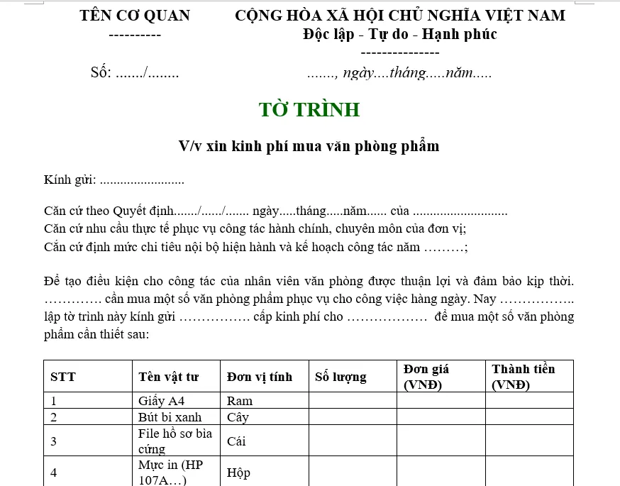 Hình ảnh mẫu tờ trình xin kinh phí mua văn phòng phẩm