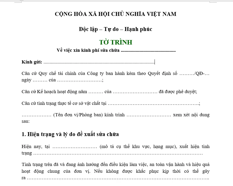 Hình ảnh mẫu tờ trình xin kinh phí sửa chữa