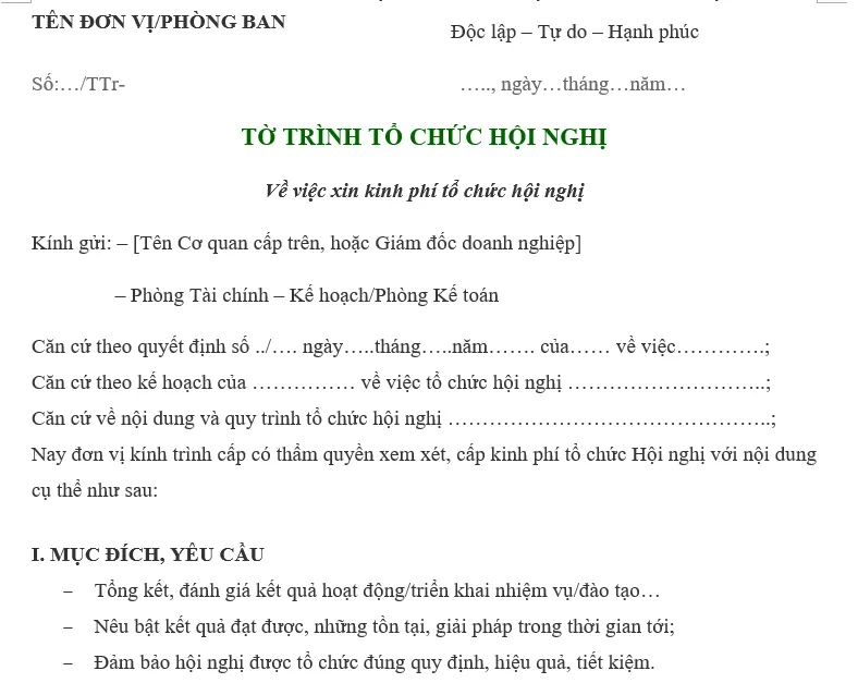 Hình ảnh mẫu tờ trình xin kinh phí tổ chức hội nghị