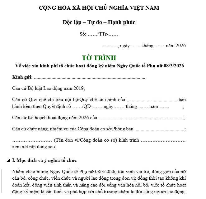 Hình ảnh mẫu tờ trình xin kinh phí tổ chức ngày 8/3