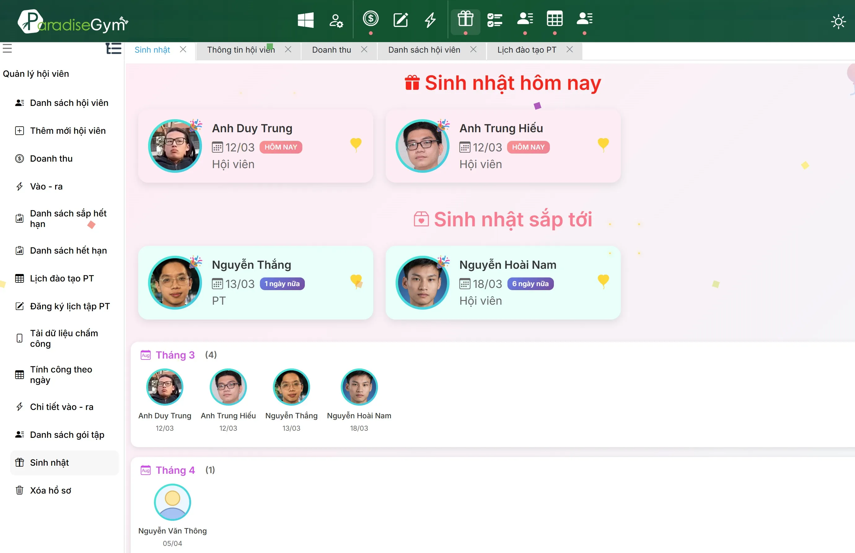 Giao diện thông báo sinh nhật hội viên