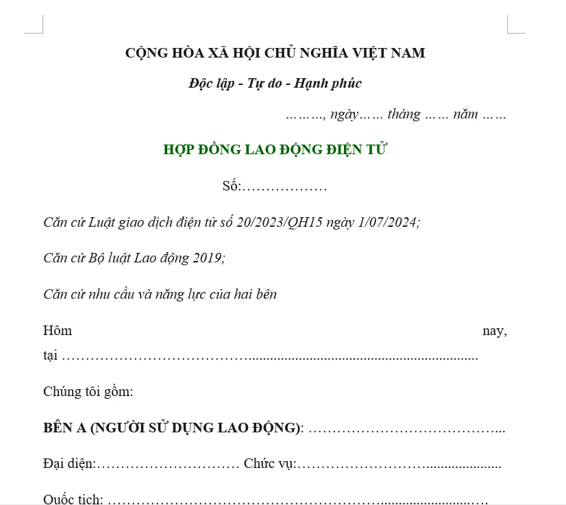 Hình ảnh mẫu hợp đồng lao động điện tử mới nhất