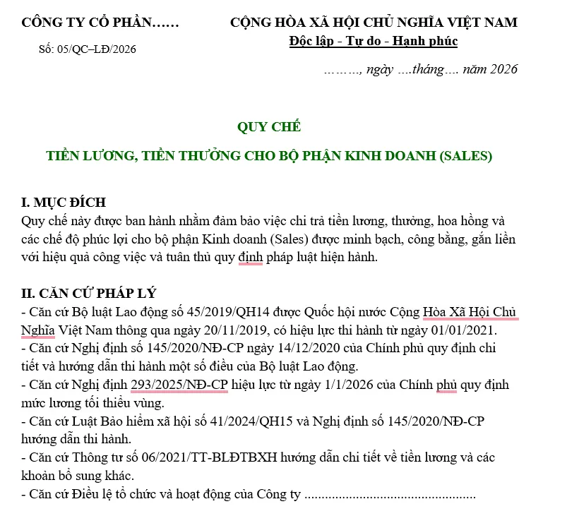 Hình ảnh Mẫu quy chế lương thưởng bộ phận sales