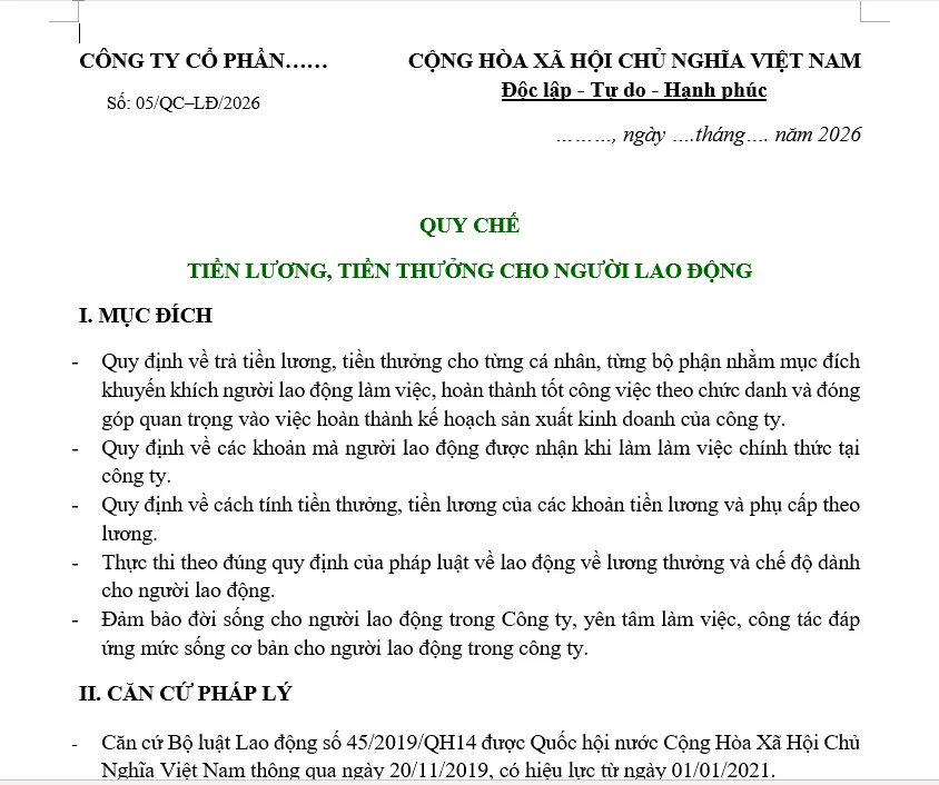 Hình ảnh Mẫu quy chế lương thưởng công ty cổ phần