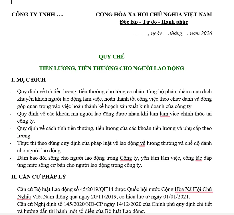 Hình ảnh Mẫu quy chế lương thưởng công ty TNHH