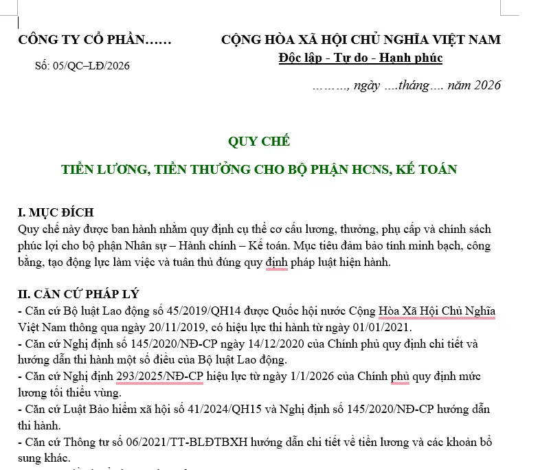 Hình ảnh Mẫu quy chế lương thưởng hành chính nhân sự kế toán