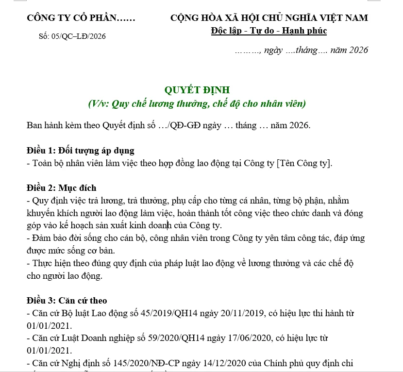 Hình ảnh Mẫu quy chế lương thưởng tổng hợp
