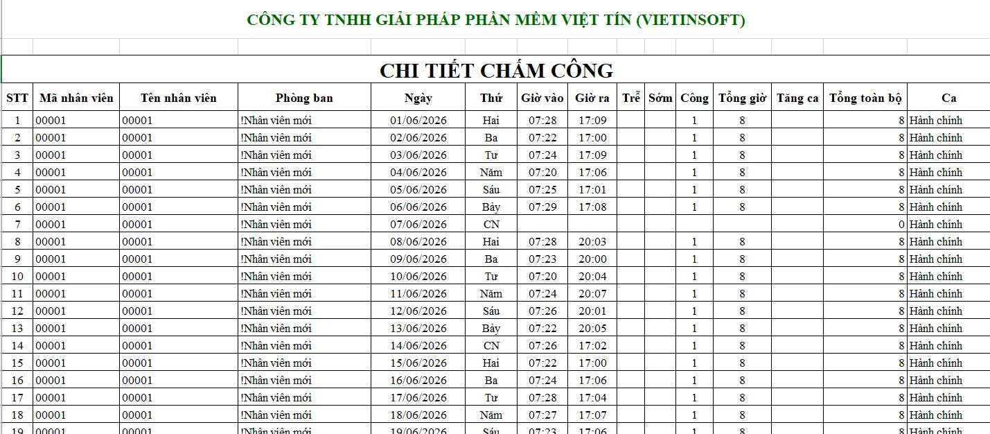 Hình ảnh mẫu bảng chấm công chi tiết 1