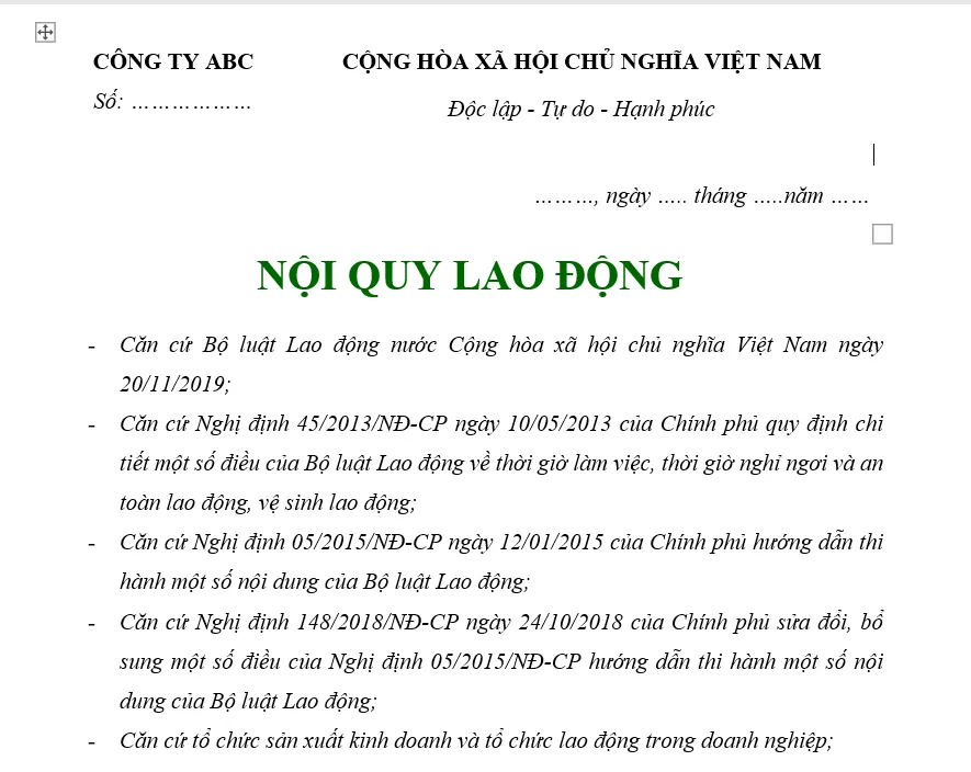 Hình ảnh mẫu nội quy chung cho các ban ngành