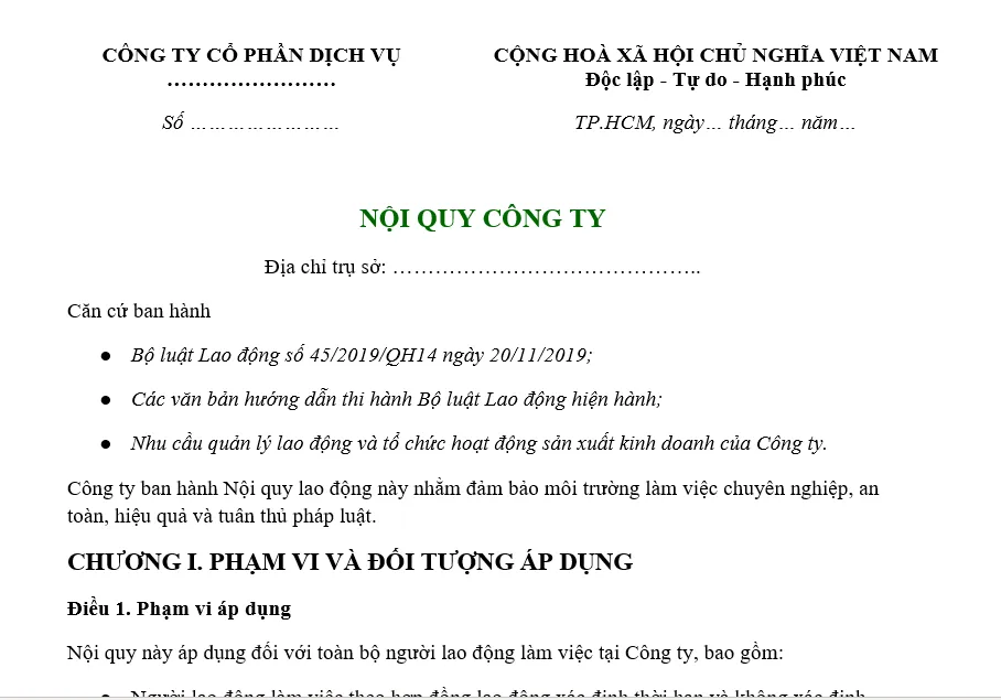 Hình ảnh mẫu nội quy dành cho các công ty dịch vụ