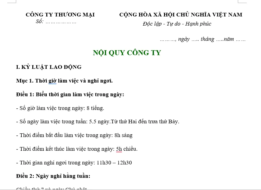 Hình ảnh mẫu nội quy dành cho các công ty thương mại