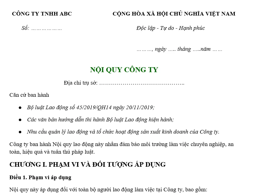 Hình ảnh mẫu nội quy dành cho các công ty TNHH