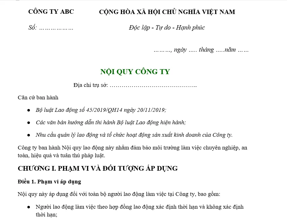 Hình ảnh mẫu nội quy ngắn gọn cho các công ty